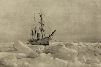 caption: The U.S.S. Bear, a cutter that was dispatched by President McKinley to rescue the Belvedere and other ice-bound whaling ships. The Bear wasn't able to break through the ice to Point Barrow until July 28, 1898. Today, there is no ice.