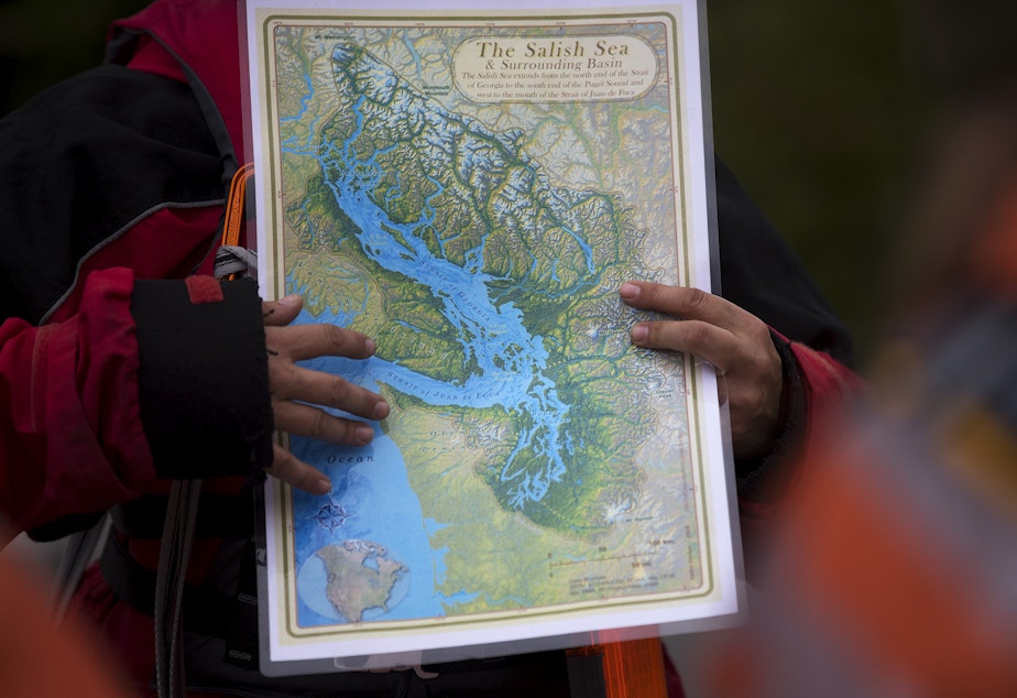 caption: A map of the Salish Sea is shown as Maritime High School students learn about navigation during a lesson on Thursday, September 30, 2021, at the Des Moines Marina. 