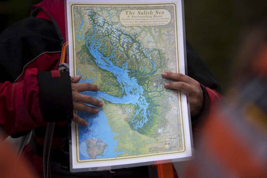 caption: A map of the Salish Sea is shown as Maritime High School students learn about navigation during a lesson on Thursday, September 30, 2021, at the Des Moines Marina. 