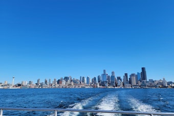 caption: A view of the downtown Seattle skyline seen from the West Seattle Water Taxi on Friday, Oct. 6, 2023.