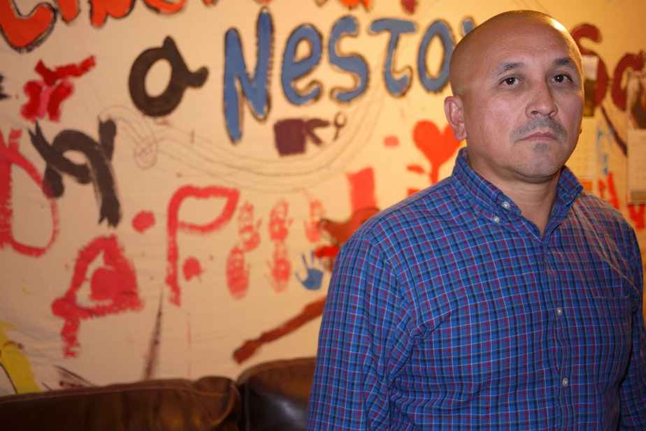 caption: José Luis Avila, of Renton, is fighting for the release of his wife Nestora Salgado from Mexico.