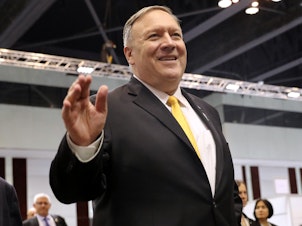 caption: Secretary of State Mike Pompeo, in Bangkok on Friday, said the U.S. withdrawal from the Intermediate-Range Nuclear Forces Treaty is now in effect. "Russia is solely responsible for the treaty's demise," he said.