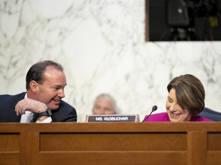 caption: Sen. Mike Lee, R-Utah, left, speaks with Sen. Amy Klobuchar, D-Minn., during the Ticketmaster hearing on Jan. 24.