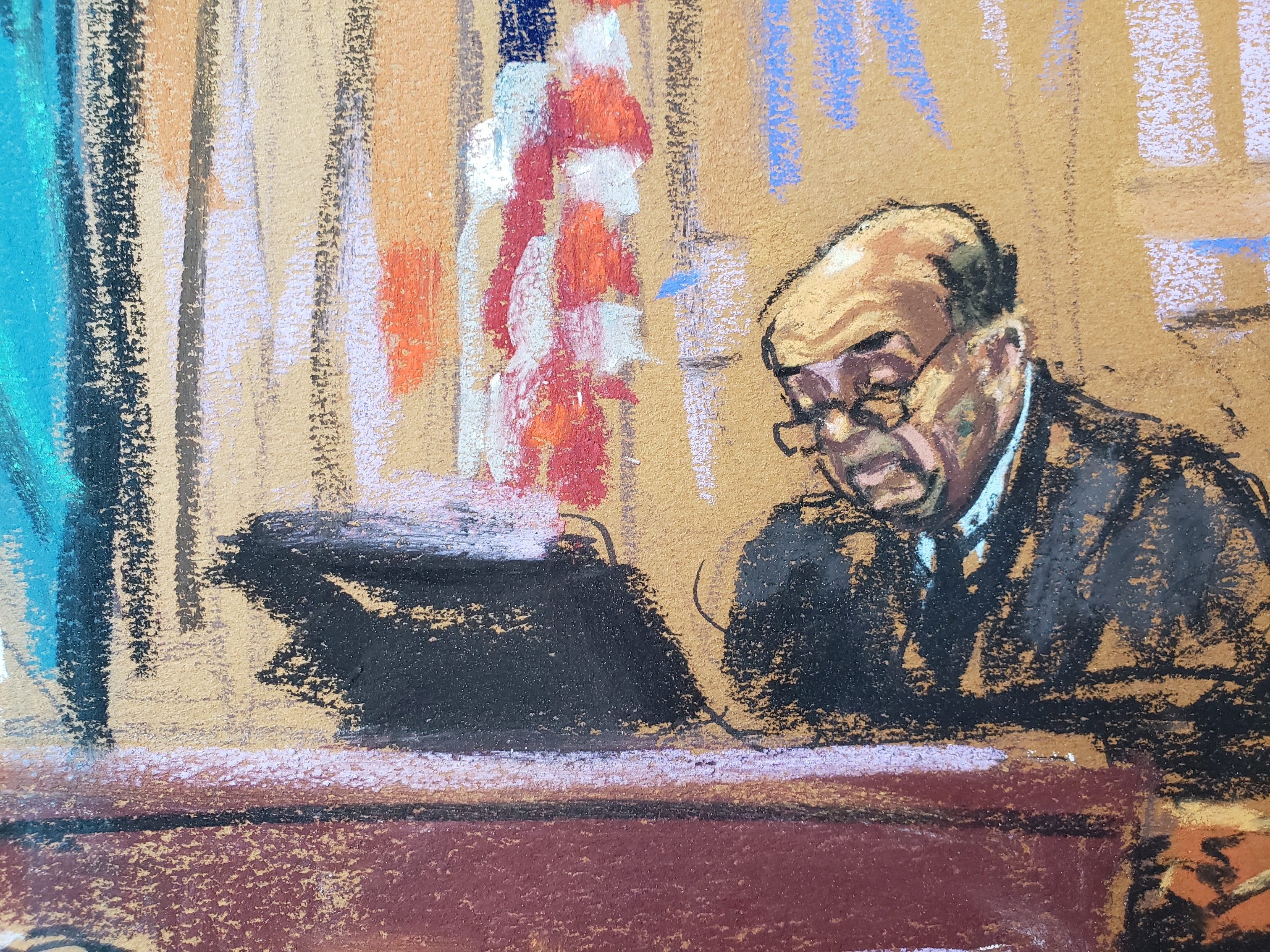 caption: A courtroom sketch shows U.S. District Judge Alvin Hellerstein at the Manhattan federal court hearing over Donald Trump's push to move his criminal case to federal court, in New York City, on June 27, 2023.