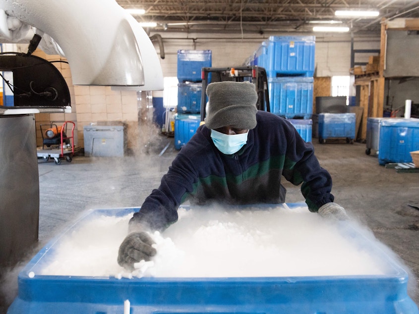 caption: An employee makes dry ice pellets at Capitol Carbonic, a dry ice factory in Baltimore in Nov. 2020. Dry ice helps keep COVID-19 vaccines cool during transport.
