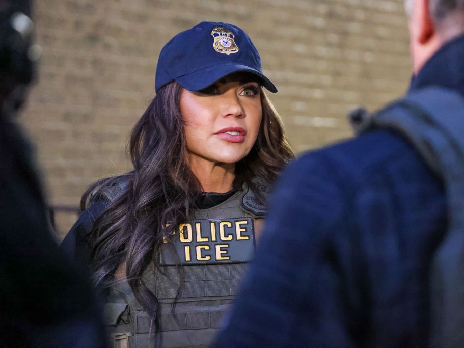 caption: Homeland Security Secretary Kristi Noem oversaw immigration enforcement operations in New York City in January.