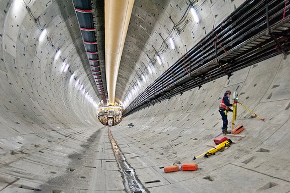 caption: A view of the Highway 99 tunnel project, which has been stalled for over a year since Bertha, the boring machine, broke down.