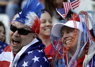 caption: Supporters laugh prior to the Women's World Cup Group F soccer match between United States and Thailand at the Stade Auguste-Delaune in Reims, France, Tuesday, June 11, 2019. 