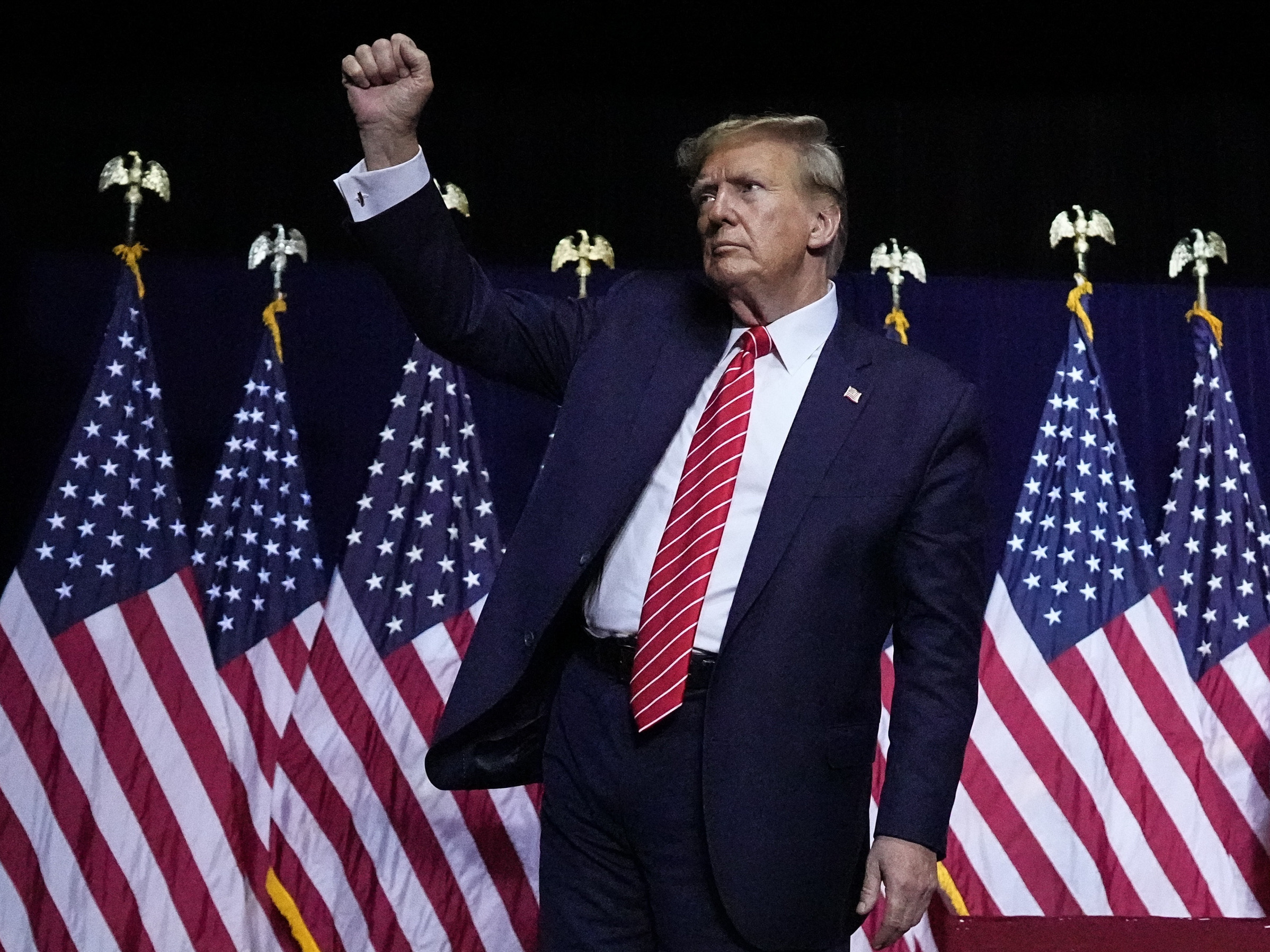 caption: Republican presidential candidate former President Donald Trump speaks , Saturday, March 9, 2024, in Rome, Ga.