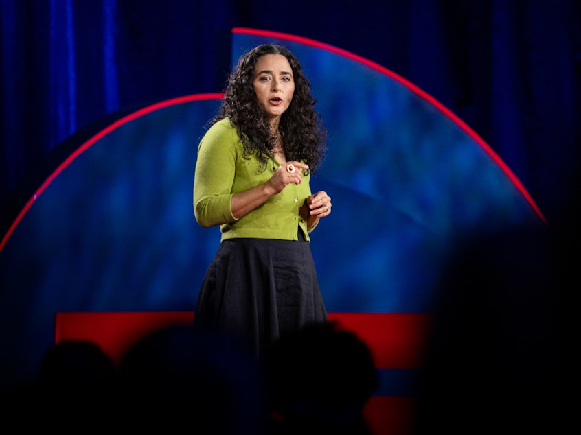 caption: Soraya Chemaly on the TED stage.