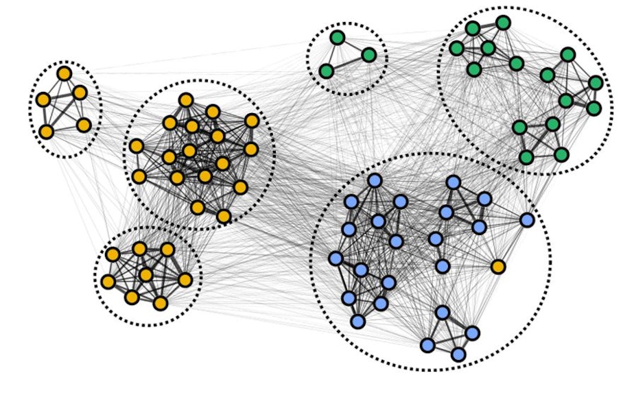 caption: Endangered orcas’ social networks. Dashed ovals show orcas’ main social clusters, while line thickness indicates the likelihood of a whale in J (blue), K (green) or L (orange) pod surfacing close enough to inhale another orca's breath.