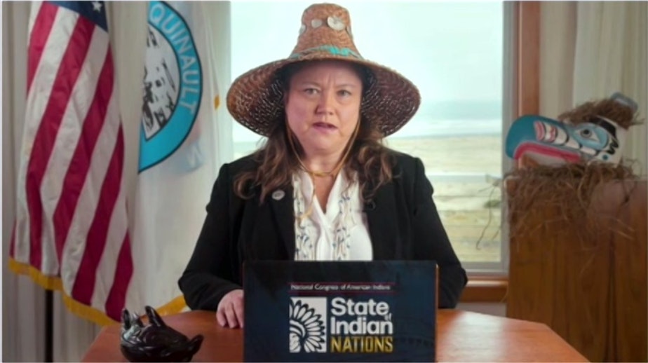caption: Quinault Indian Nation and National Congress of American Indians president Fawn Sharp delivers the State of Indian Nations speech on Feb. 22.