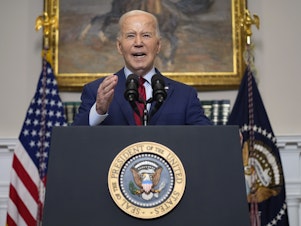 caption: President Biden gives remarks about student protests over the war in Gaza from the Roosevelt Room of the White House on Thursday.