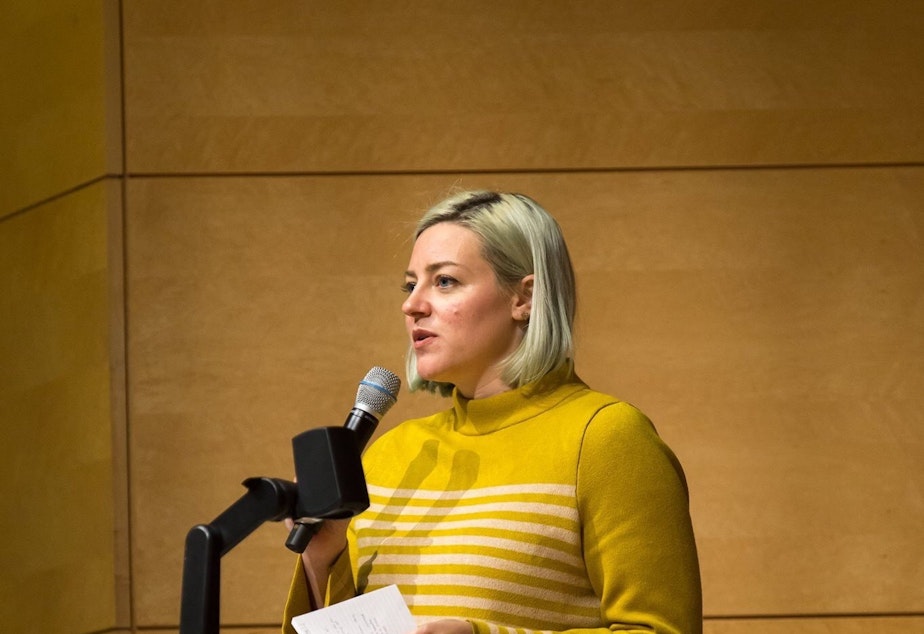 caption: Candace Faber speaking at a technology event at the University of Washington in 2017.