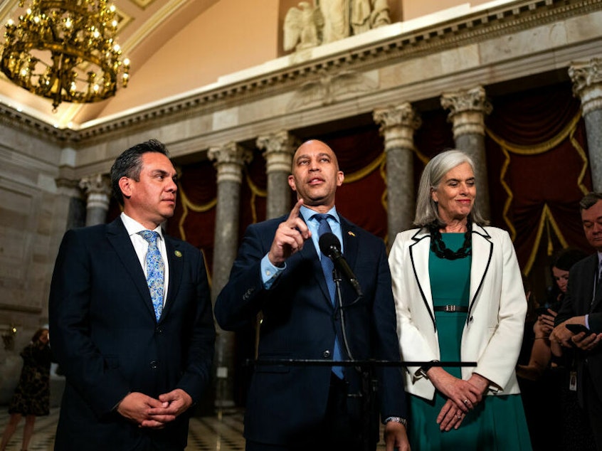 caption: House Democratic Caucus Chair Pete Aguilar of California, House Minority Leader Hakeem Jeffries of New York and House Minority Whip Katherine Clark of Massachusetts speak during a news conference at the U.S. Capitol on Wednesday.