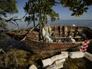 caption: A wooden migrant boat lies grounded on a reef alongside mangroves, at Harry Harris Park in Tavernier, Fla., last year. The U.S. Coast Guard says that since October, has it intercepted and returned about <a href="https://www.news.uscg.mil/Press-Releases/Article/3704408/coast-guard-repatriates-65-migrants-to-haiti/" data-key="28">130 migrants to Haiti</a>.