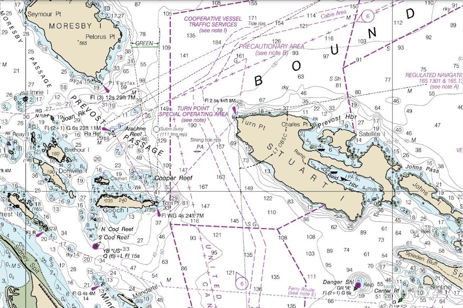 caption: A nautical chart shows the "Turn Point Special Operating Area," where mariners need to exercise extra caution. Depths are in fathoms.