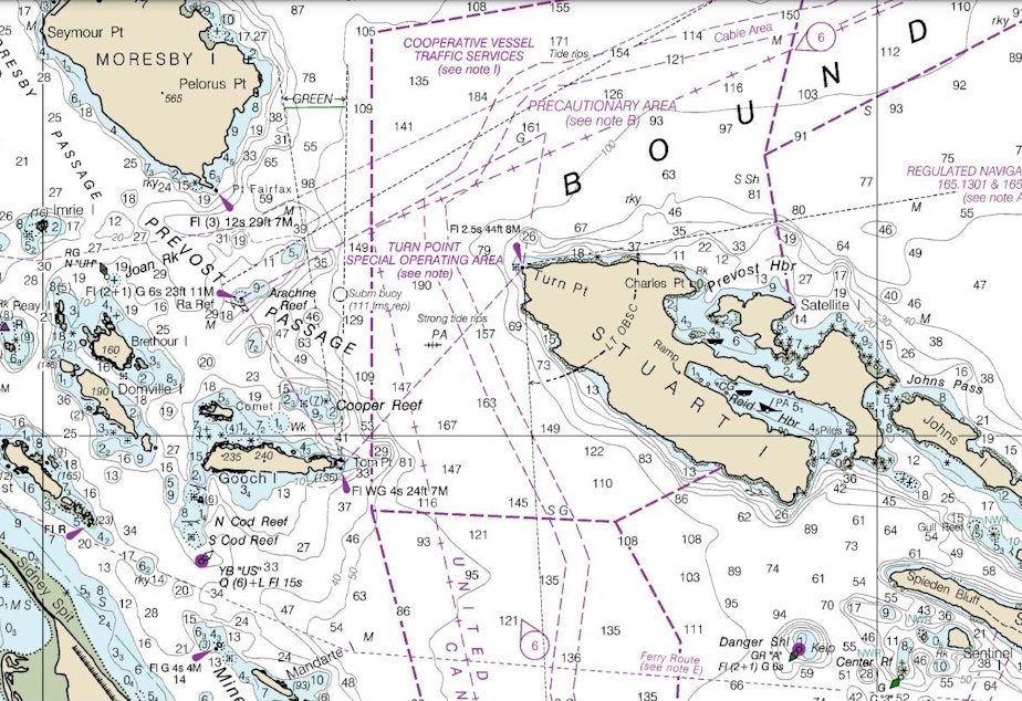 caption: A nautical chart shows the "Turn Point Special Operating Area," where mariners need to exercise extra caution. Depths are in fathoms.