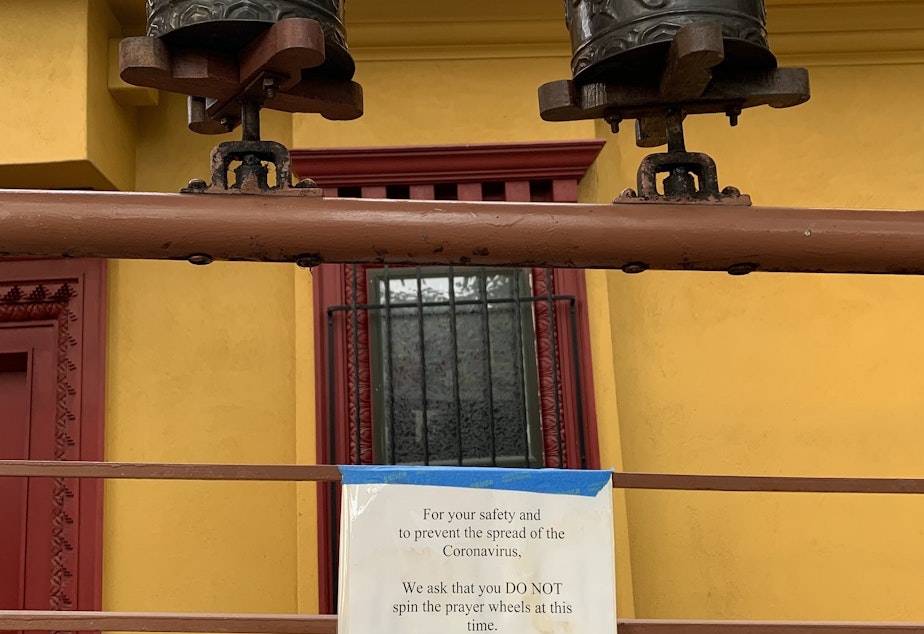 caption: Prayer wheels at the Buddhist temple in Greenwood, Seattle, Washington, in mid-November 2020.