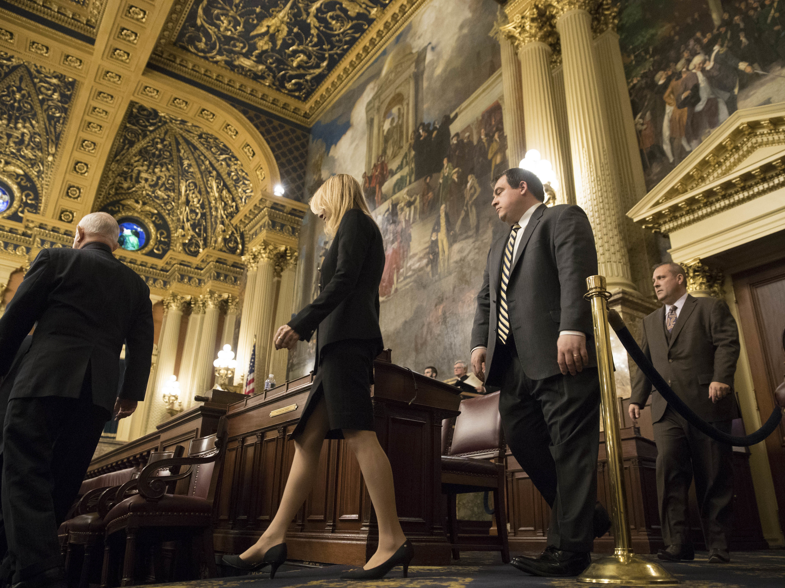 caption: Pennsylvania electors arrive in December 2016 to cast their votes for president. Then, their 20 votes went for President Trump. This time, they are slated to go for President-elect Joe Biden.