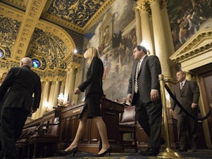 caption: Pennsylvania electors arrive in December 2016 to cast their votes for president. Then, their 20 votes went for President Trump. This time, they are slated to go for President-elect Joe Biden.