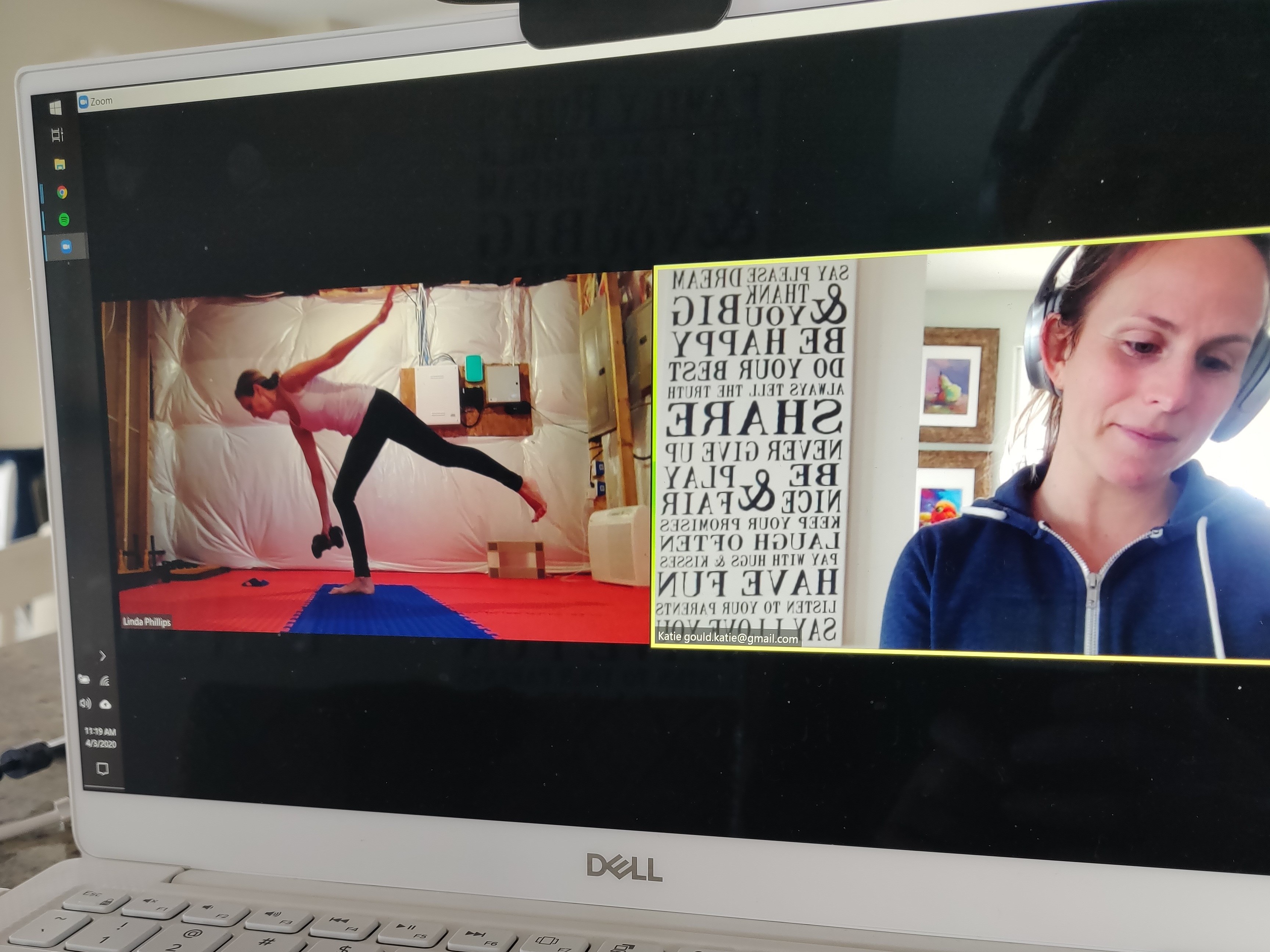 caption: Trainer Katie Gould (right) leads workout sessions remotely after having to close her studio, KG Strong in Philadelphia.