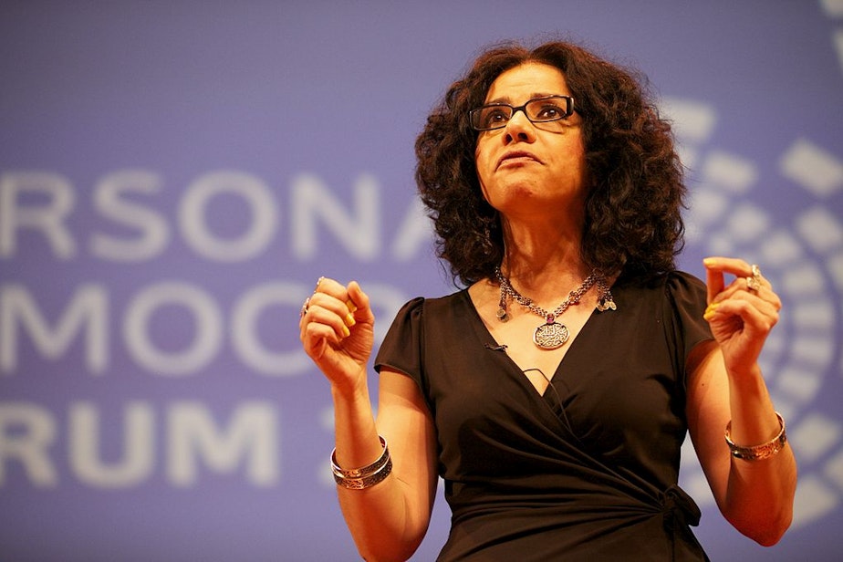 caption: Mona Eltahawy speaking at the Personal Democracy Forum in 2011.