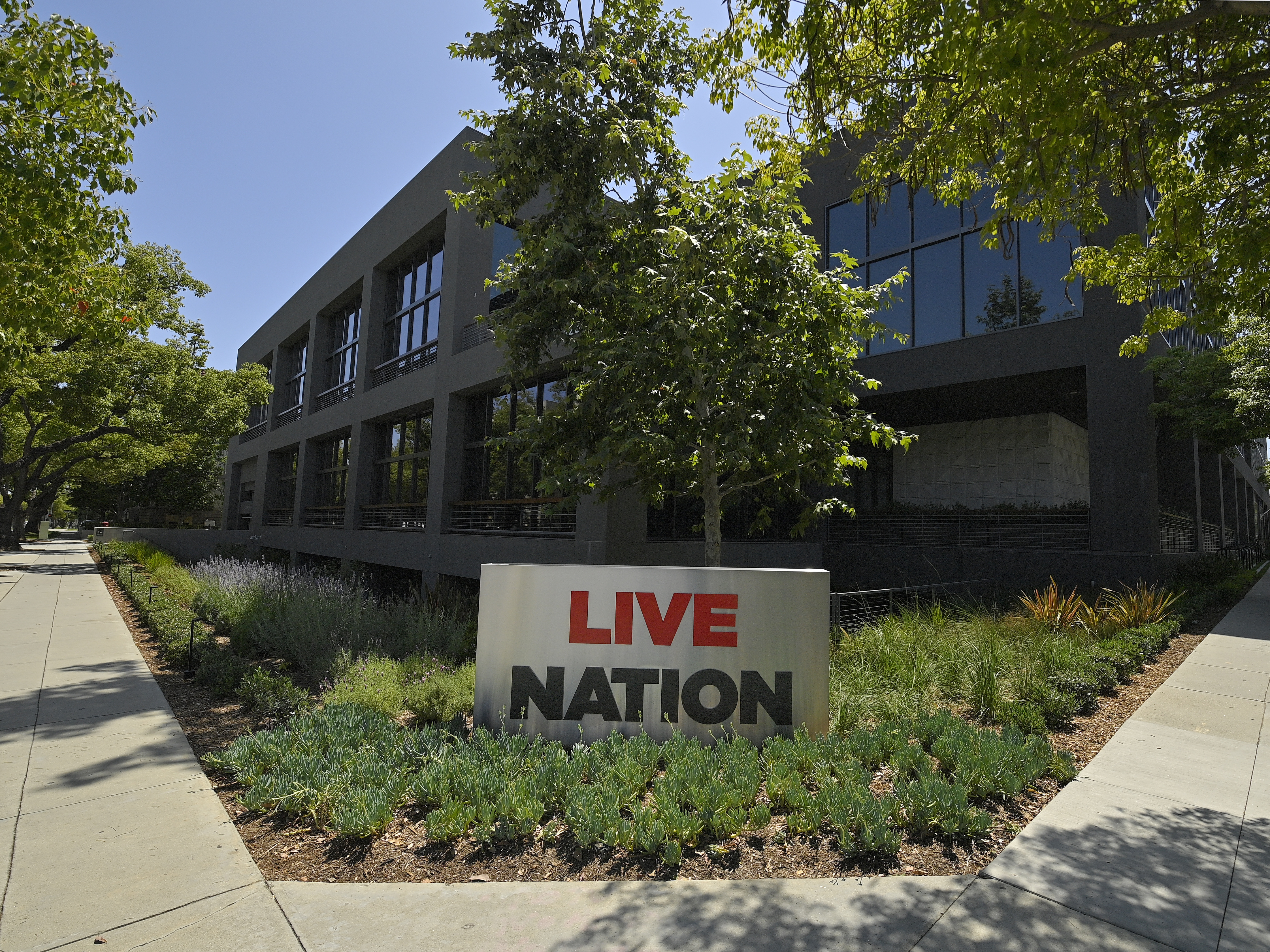 caption: The headquarters of Live Nation is seen on June 29, 2020, in Beverly Hills, Calif.