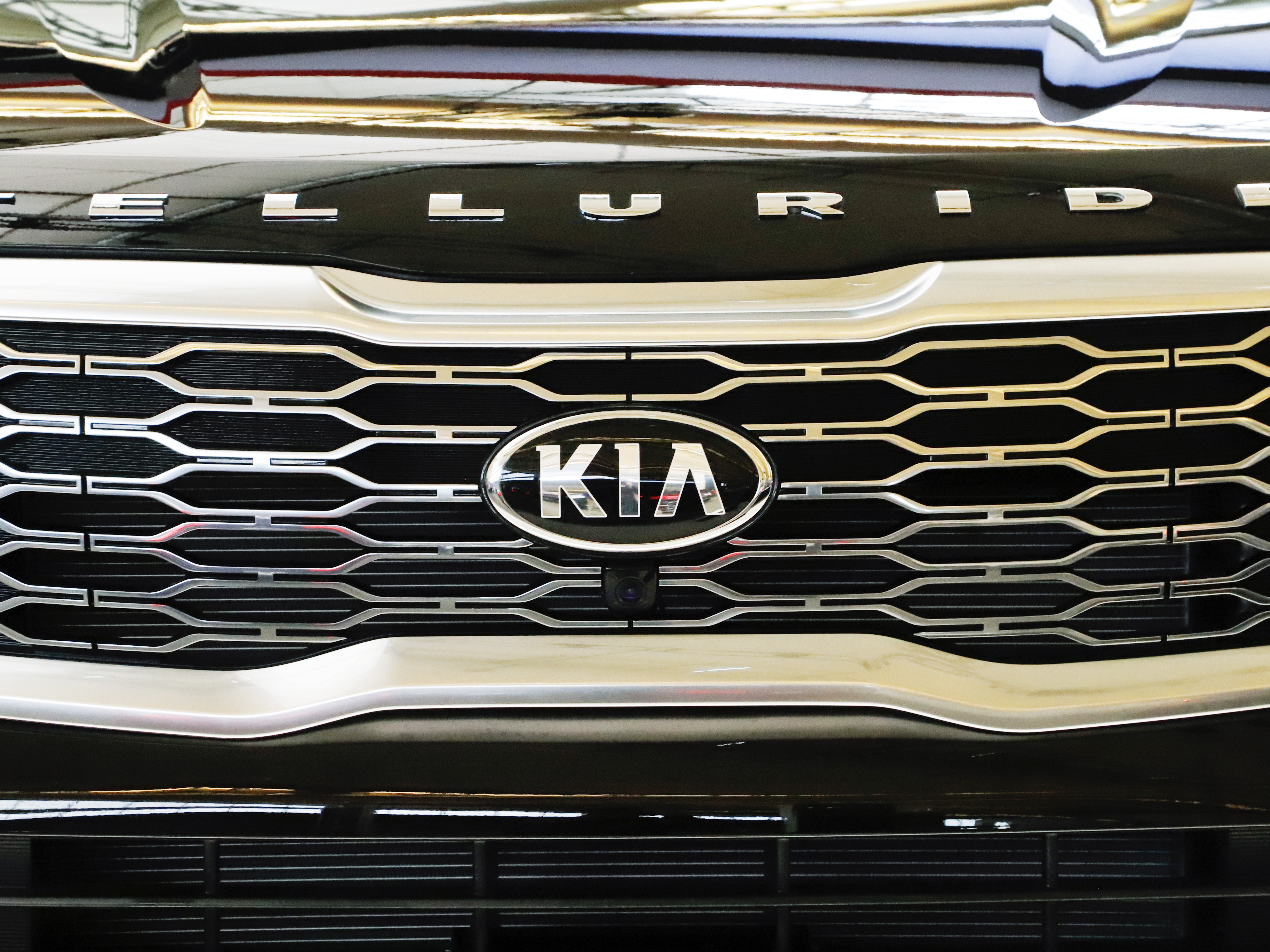 caption: A 2020 KIA Telluride is on display at the 2019 Pittsburgh International Auto Show on Feb. 14, 2019. Kia America is recalling nearly 463,000 Telluride SUVs — and urging impacted owners to park their cars outside and away from other structures until an issue that poses a notable fire hazard is fixed.  