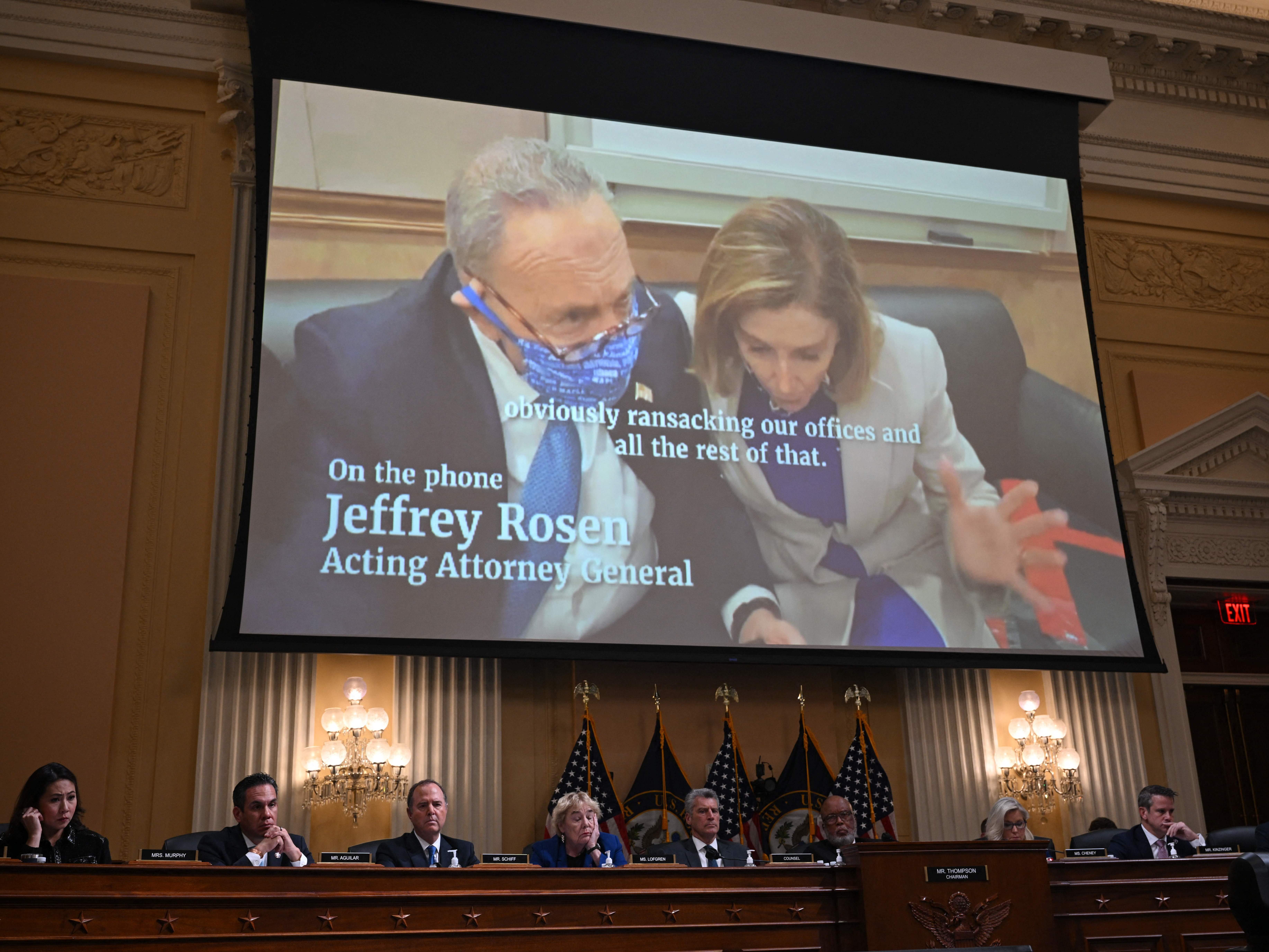 caption: Video played at Thursday's hearing shows Sen. Chuck Schumer and House Speaker Nancy Pelosi making calls for help during Jan. 6, 2021.