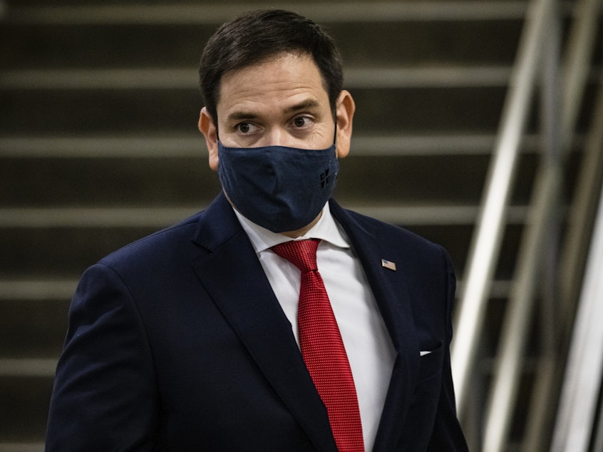 caption: Senator Marco Rubio, R-Fla., walks through the Senate subway at the Capitol last week.