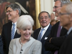 caption: Jack Lew (left) with former Health and Human Services Secretary Kathleen Sebelius and former Secretary of Defense Leon Panetta at a White House event on Sept. 7, 2022.