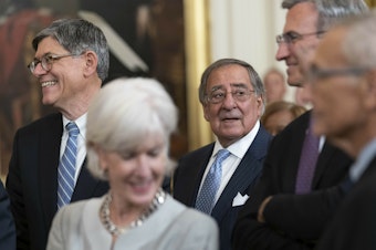caption: Jack Lew (left) with former Health and Human Services Secretary Kathleen Sebelius and former Secretary of Defense Leon Panetta at a White House event on Sept. 7, 2022.