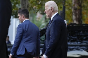 caption: President Joe Biden leaves Holy Trinity Catholic Church in the Georgetown section of Washington after attending Mass on Saturday.