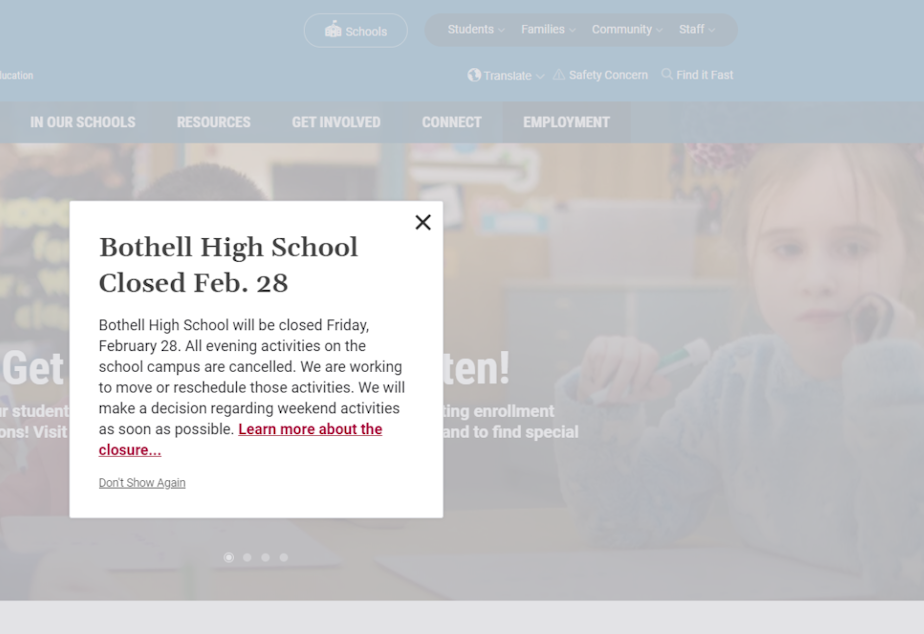 caption: Visitors to the Northshore School District website were greeted with this message Friday, Feb. 28, 2020.