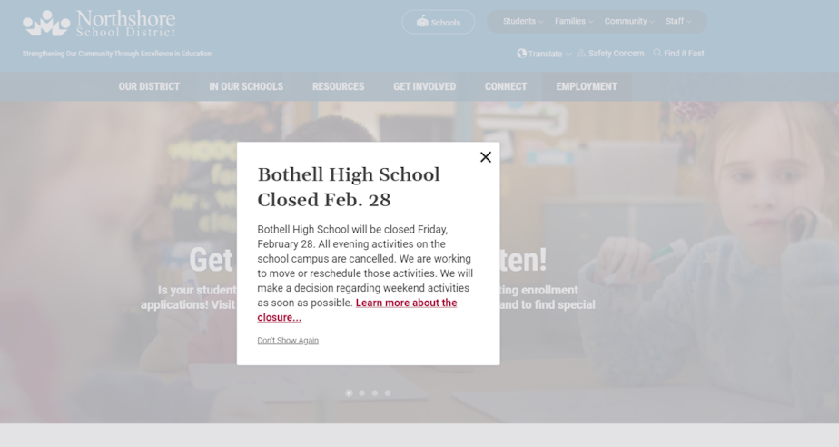 caption: Visitors to the Northshore School District website were greeted with this message Friday, Feb. 28, 2020. 