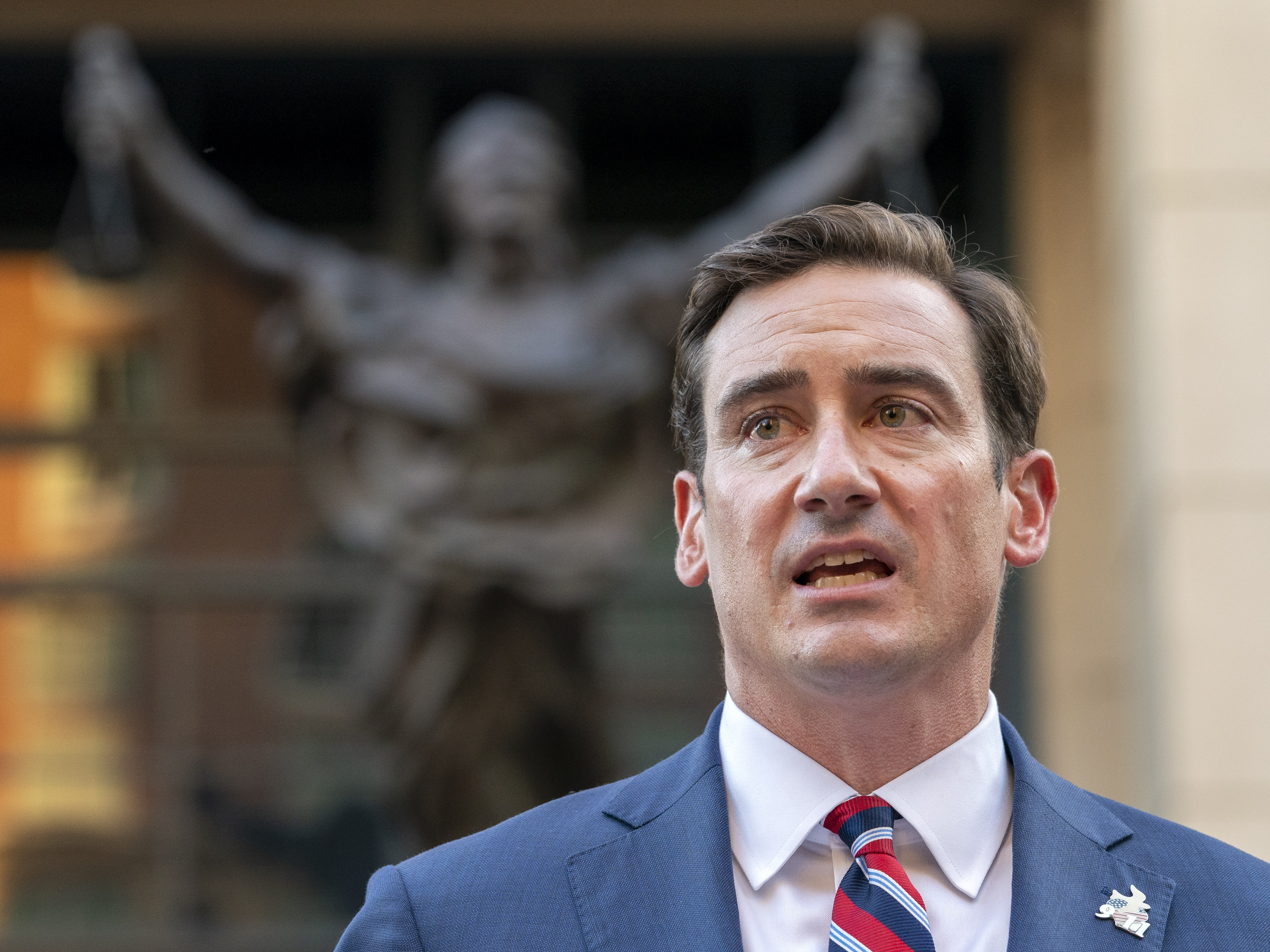 caption: U.S. Attorney for the Eastern District of Virginia Zachary Terwilliger spoke outside the Federal courthouse in Alexandria, Va., Wednesday, Oct. 7, 2020. He's headed into private practice.