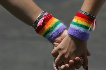 caption: A lesbian couple hold hands during the annual Gay Pride rally, on June 8, 2007. Recent survey data shows that LGBTQ adults in the U.S. are more likely to report higher rates of food and economic insecurity.
