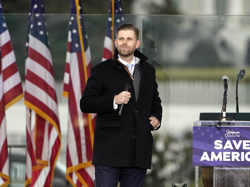 caption: Eric Trump speaks Wednesday, Jan. 6, 2021, in Washington, at a rally in support of President Donald Trump called the "Save America Rally."
