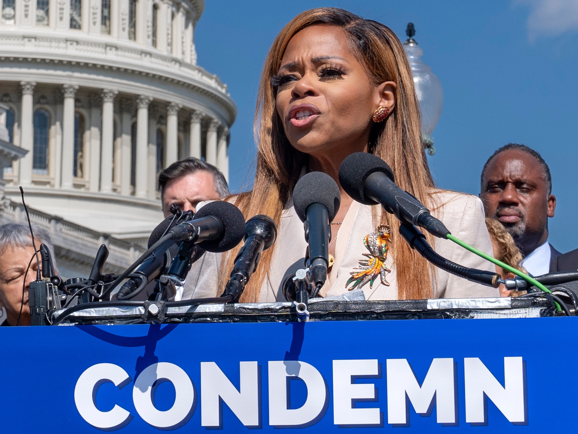 caption: Rep. Sheila Cherfilus-McCormick, D-Fla., condemns hate speech and misinformation about Haitian immigrants during a news conference at the Capitol in Washington, Sept. 20, 2024.