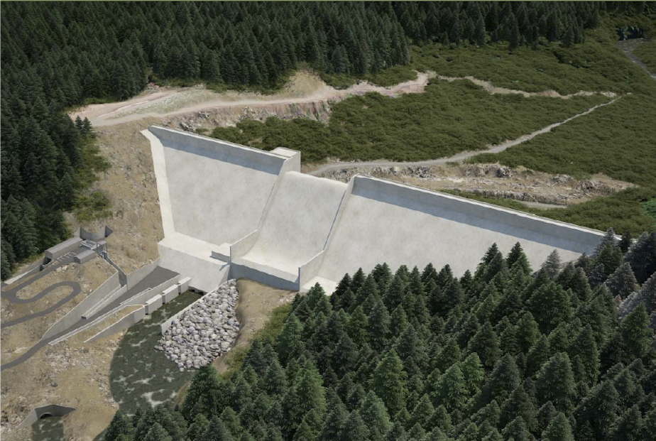 caption: An artist's rendering of a proposed flood-control dam on the Chehalis River in southwestern Washington during non-flood conditions.