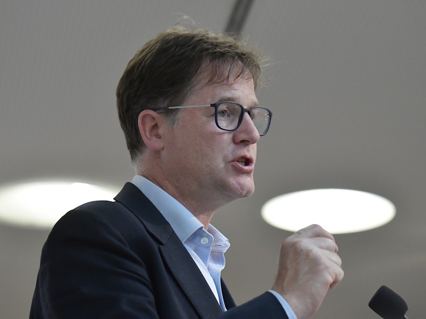 caption: Facebook Vice President Nick Clegg, pictured in 2019, tells NPR there's "real appetite for people to find out more for themselves" when it comes to climate change and factual information.