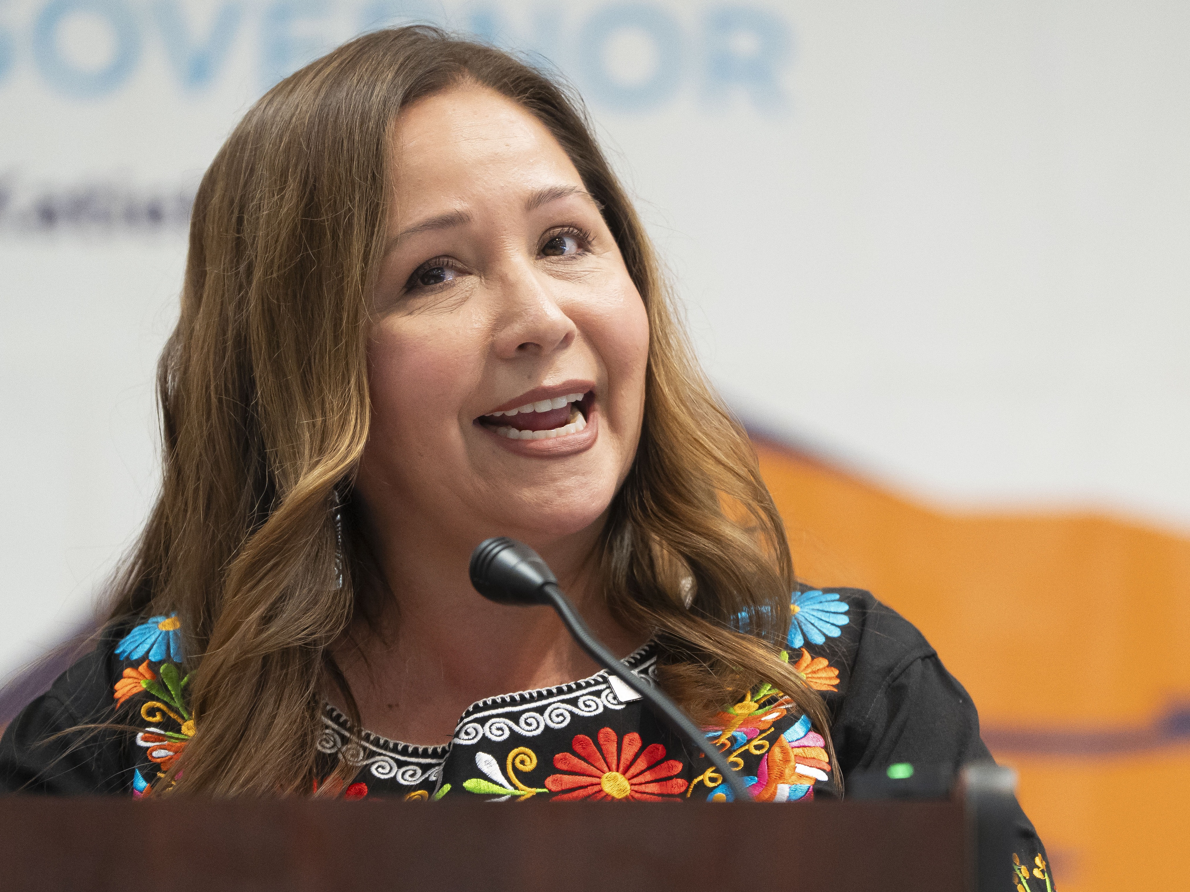 caption: Rep.-elect Adelita Grijalva, D-Ariz., speaks during Arizona Gov. Katie Hobbs' "Arizona First" rally at El Rio Center on Nov. 1, 2025 in Tucson, Ariz.