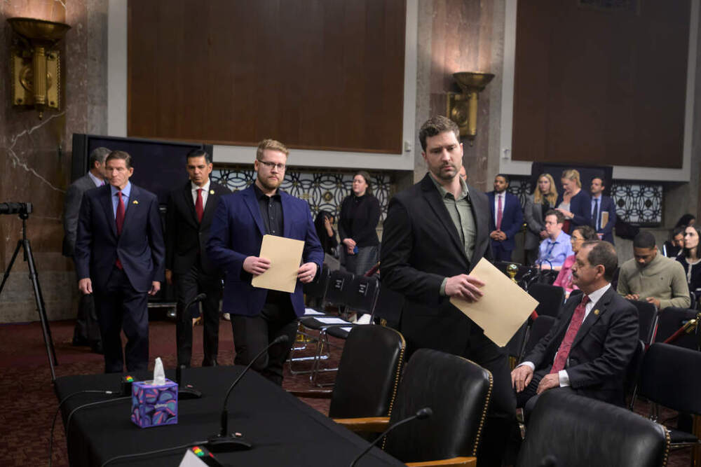 caption: Sen. Richard Blumenthal, D-Conn., left, Rep. Robert Garcia, D-Calif., second from left, Luke Ganger, second from right, and Brent Ganger, right, brothers of Renee Good, arrive during a Bicameral Public Forum on the Disproportionate Use of Force by DHS Agents, on Capitol Hill, Tuesday, Feb. 3, 2026, in Washington. (AP Photo/Rod Lamkey, Jr.)