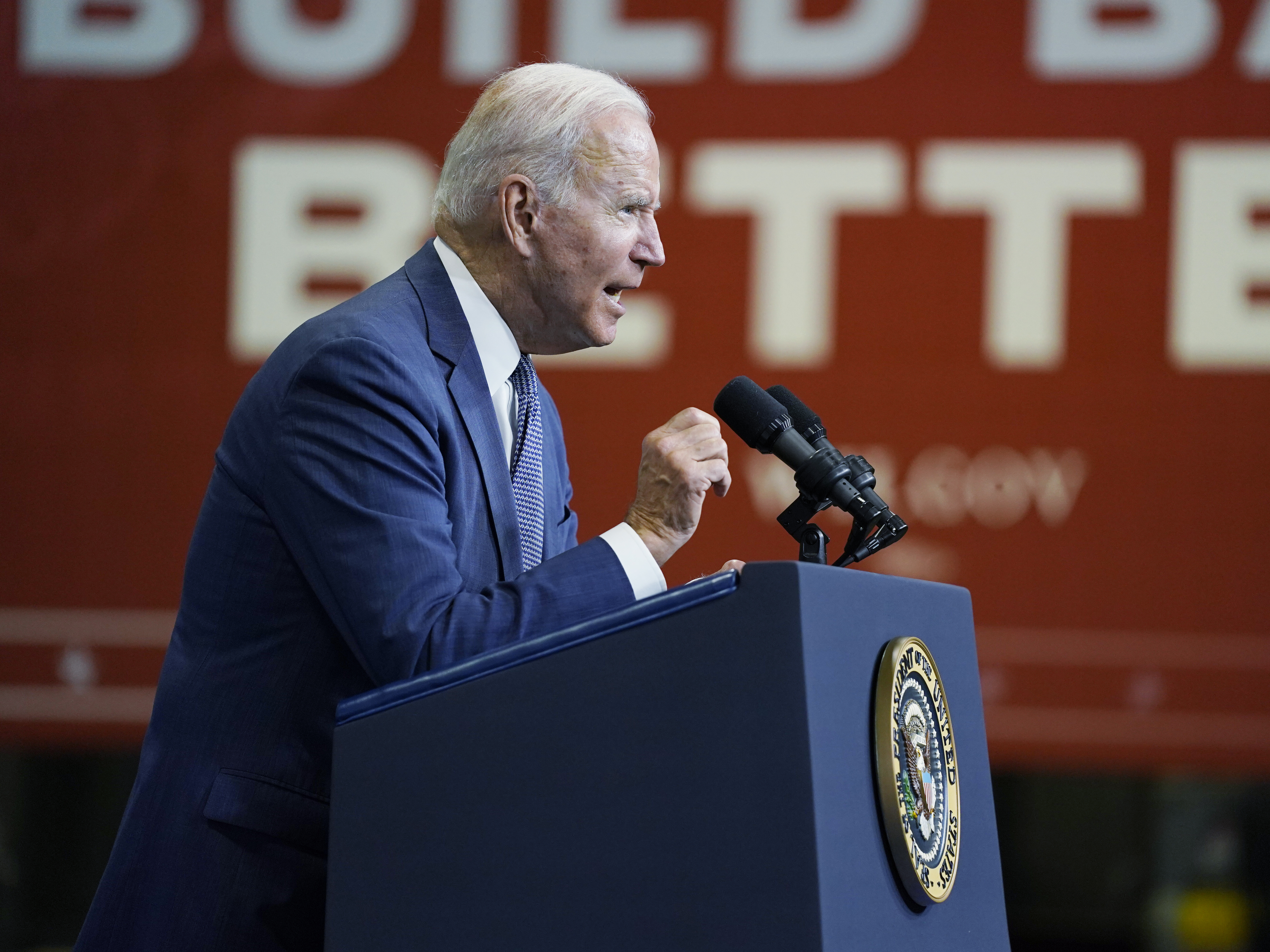 caption: President Joe Biden promotes his "Build Back Better" agenda, Monday, Oct. 25, 2021, in Kearny, N.J.
