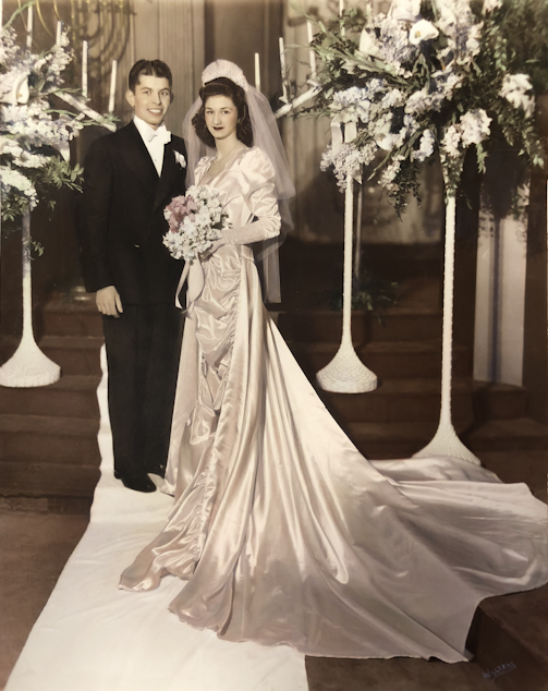 caption: Jack and Becky Benaroya on their wedding, February 14, 1942.  
