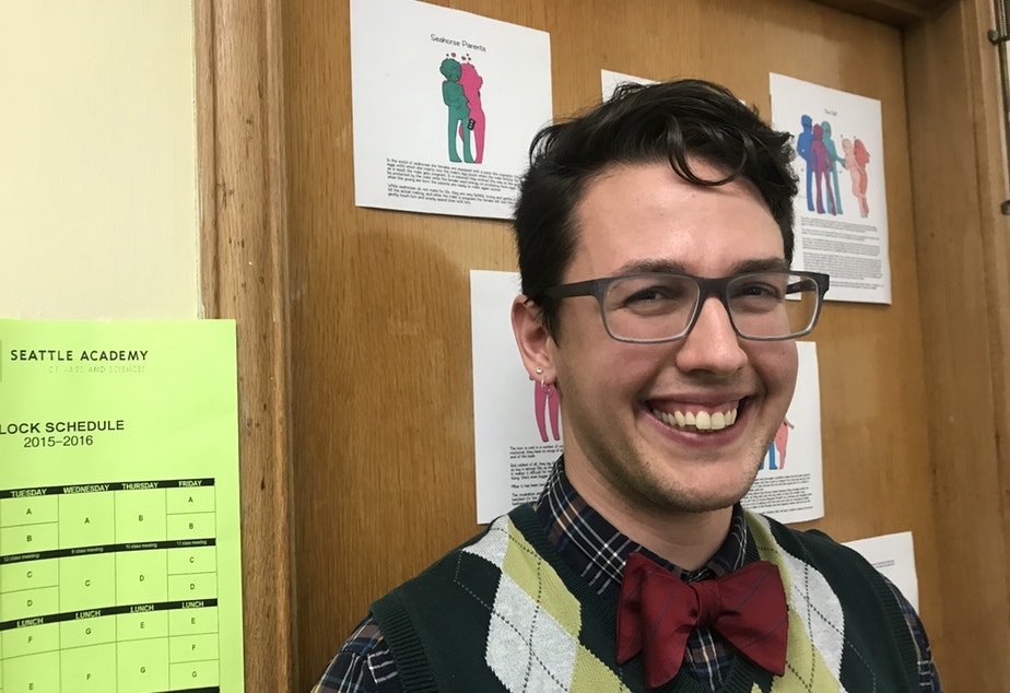 caption: Lewis Maday-Travis says coming out as trans has made him a better science teacher. KUOW's story on Maday-Travis fueled conversation about LGBTQ visibility in schools at KUOW's first Queeriosity Club dinner on June 7, 2019 at The Cloud Room in Seattle. Reporter Ann Dornfeld who reported Maday-Travis' story participated in the dinner. 