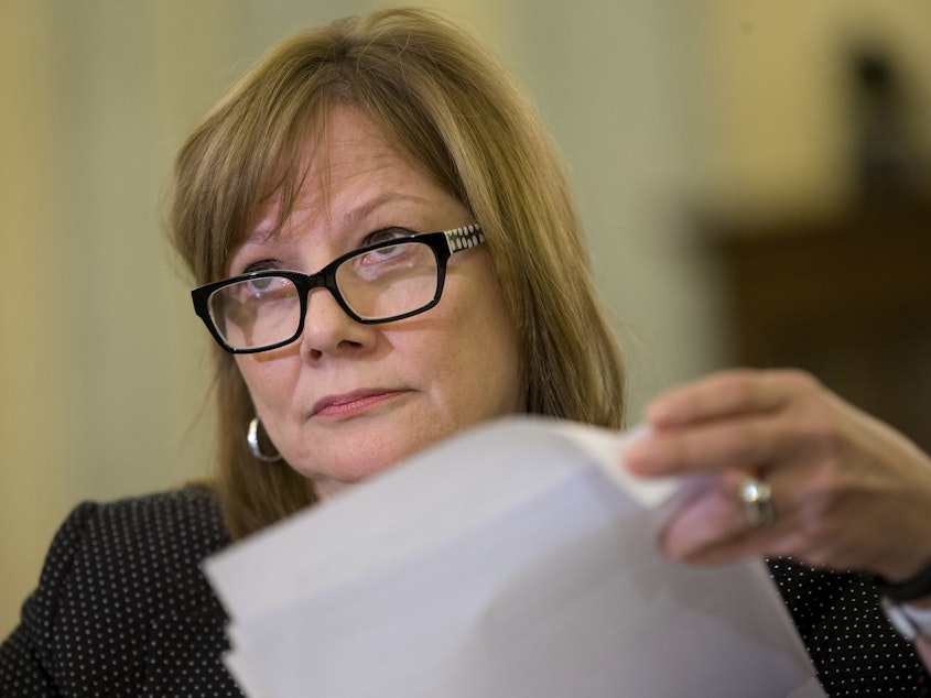caption: General Motors CEO Mary Barra made nearly $29 million in 2022. This amount is 362 times the median GM employee's paycheck, according to Securities and Exchange Commission filings.