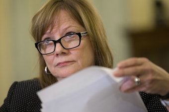 caption: General Motors CEO Mary Barra made nearly $29 million in 2022. This amount is 362 times the median GM employee's paycheck, according to Securities and Exchange Commission filings.