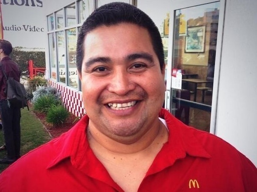 caption: Bartolomé Perez of Los Angeles has cooked at McDonald's for 30 years. He helped stage a walkout at his restaurant in April after a coworker tested positive for COVID-19.
